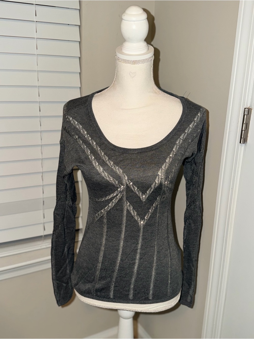 Express Dark Gray Chevron Scoop Neck Long Sleeve Top